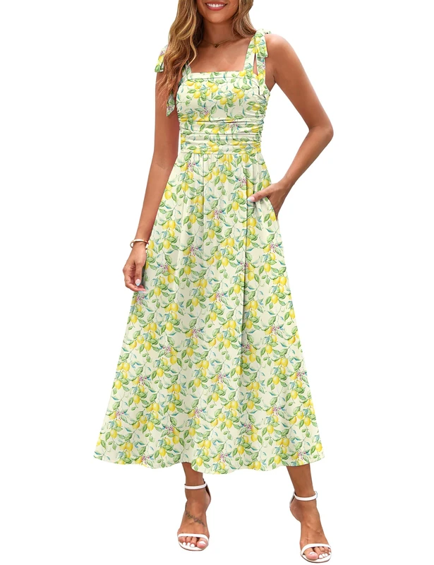 Zattcas Womens 2025 Summer Spaghetti Strap Floral Maxi Dress with Pockets Smocked Flowy Long Beach Vacation Sundresses, Lemon, L - Image 1