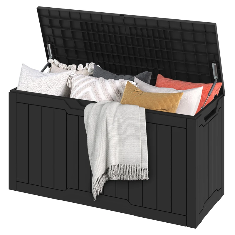 DWVO Outdoor Garden Storage Box|380L 115x55x58.3cm|Waterproof||Securely Lockable|Side Carry Handles|All Weather Resistant|Patio Resin Deck Box for Pillows, Equipment,Shoe(Black)