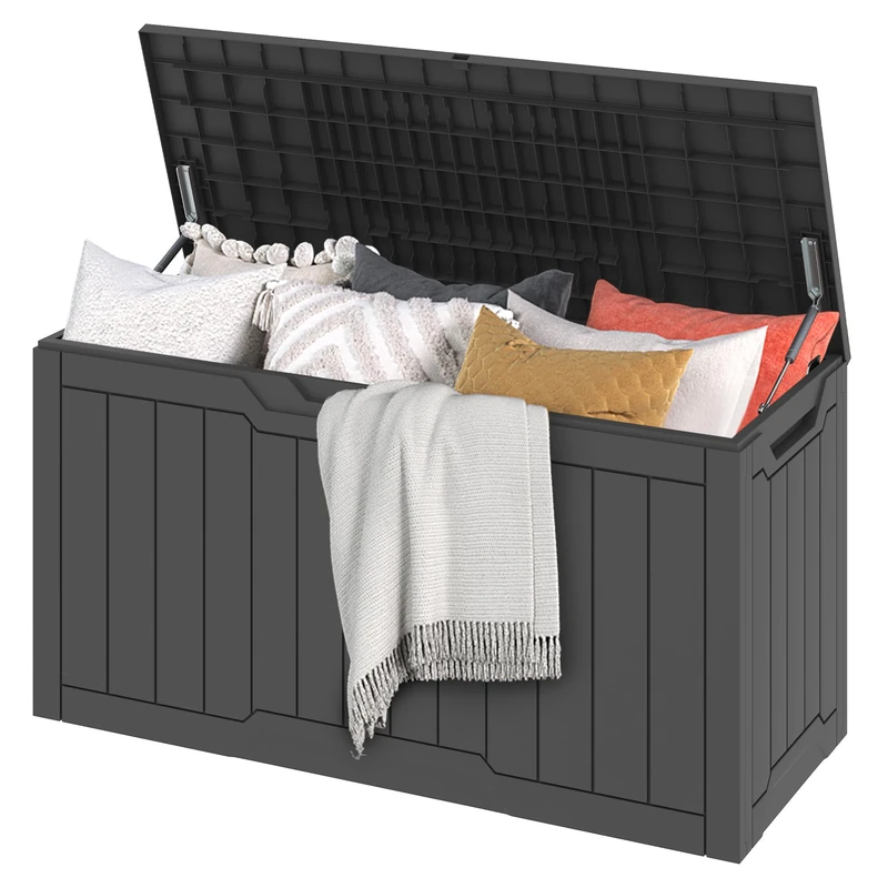 DWVO Outdoor Garden Storage Box|380L 115x55x58.3cm|Waterproof||Securely Lockable|Side Carry Handles|All Weather Resistant|Patio Resin Deck Box for Pillows, Equipment,Shoe(Dark Gray)