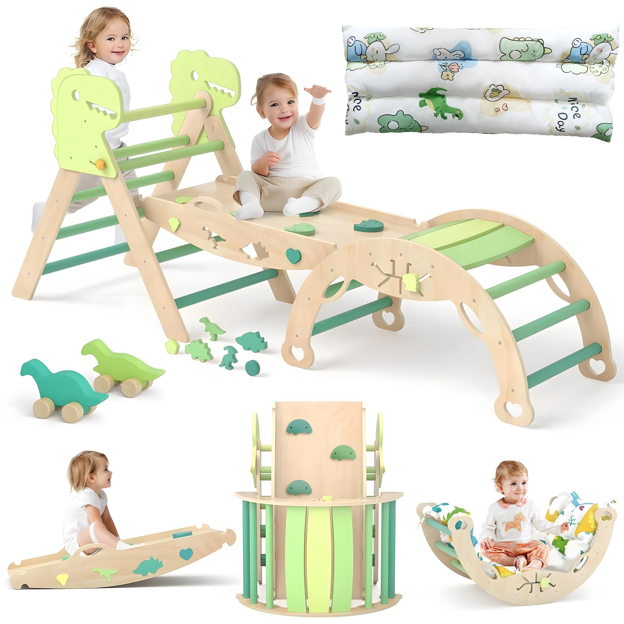 Toddler Climbing Frame, 9-in-1 Indoor Climbing Frame for Toddlers, Foldable Baby Climbing Toys Wood Triangle Set with Climbing Arch, Balance Cushion, Outdoor Climbing Frames for Enfan 2-6 Age-Dinosaur