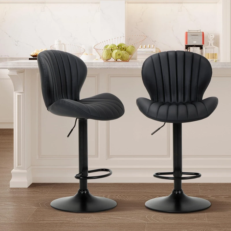 COLAMY Set of 2 Bar Stools Height Adjustable with Backrest 360° Swivel Bar Stools with Backrest PU Leather Bar Chairs with Footrest Suitable for Kitchen Bar Dining Room Office Black - Image 1