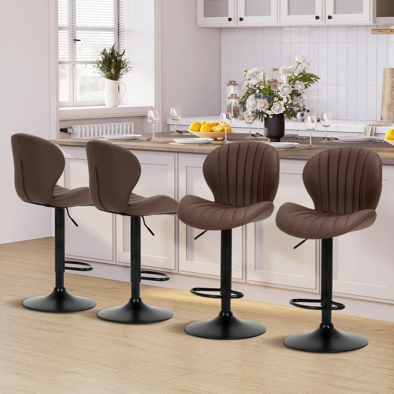 COLAMY Breakfast Bar Stools Set of 4, Modern Swivel Kitchen Bar Chairs, Adjustable PU Leather Upholstered Barstools Counter Height with High Backrest for Kitchen Island, Dining Room, Brown