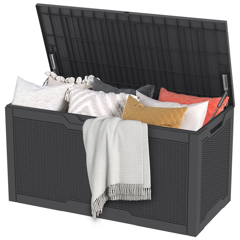 DWVO Garden Outdoor Storage Box|380L 115.4x55x58.3cm|Rattan Effect|Patio Resin Deck Box for Pillows, Pool Accessories,Shoe|Waterproof|Lockable|Side Carry Handles|All Weather Resistant(Dark Gray) - Image 1