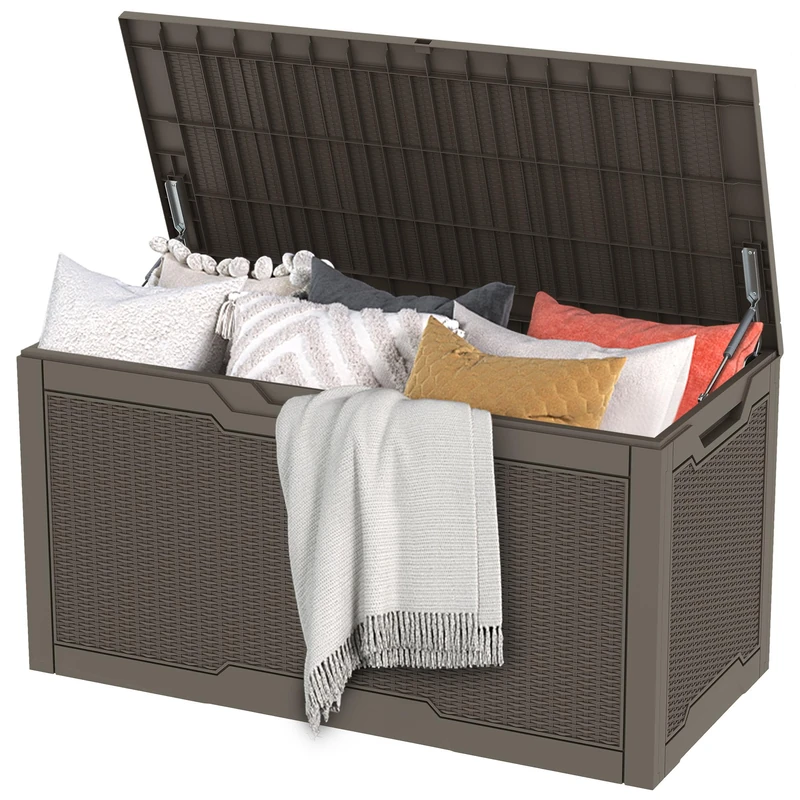DWVO Garden Outdoor Storage Box|380L 115.4x55x58.3cm|Rattan Effect|Patio Resin Deck Box for Pillows, Pool Accessories,Shoe|Waterproof||Securely Lockable|Side Carry Handles|All Weather Resistant(Taupe)