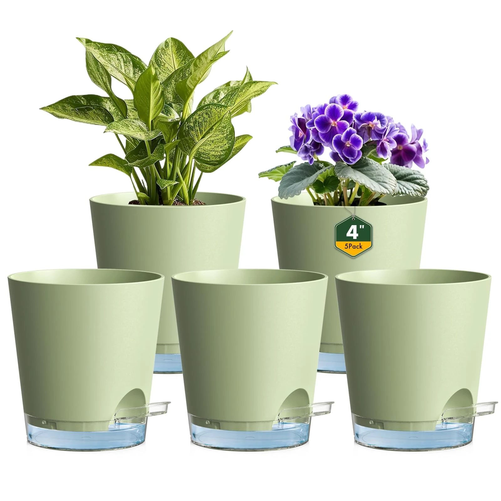 Homeuouz 10cm Self Watering Plant Pots, 5 Pack Plastic Self Watering Planter with Drainage Holes & Saucer, Ideal for All Indoor Outdoor House Flowers and Plants(Green With Transparent Drainage)