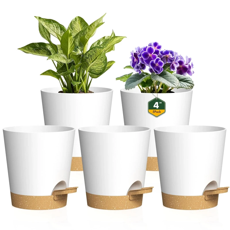 Homeuouz 10cm Self Watering Plant Pots, 5 Pack Plastic Self Watering Planter with Drainage Holes & Saucer, Ideal for All Indoor Outdoor House Flowers and Plants(White With Brown Drainage)