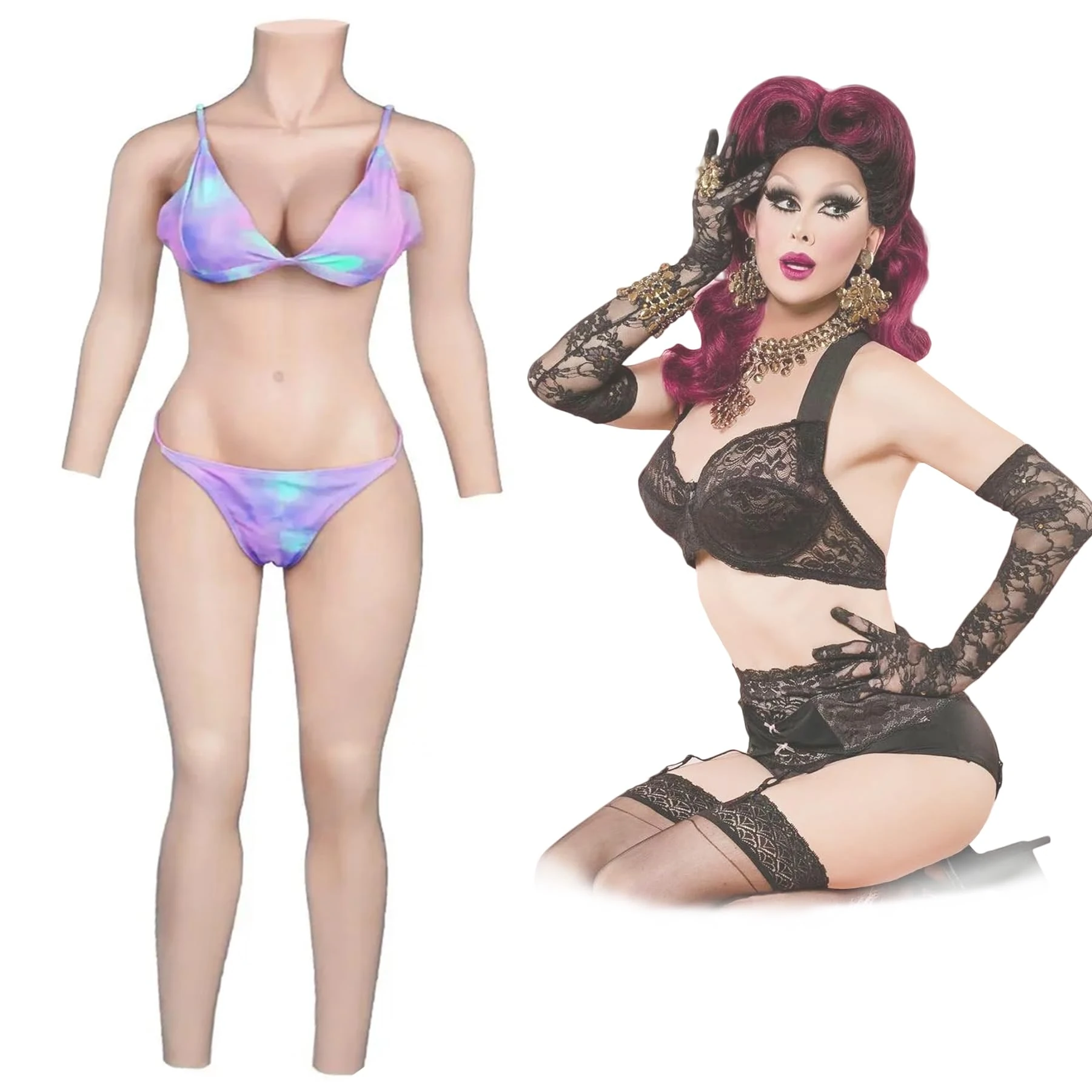 Tex-Eorey Silicone Bodysuit Breastplate Panties Set D Cup Breast Forms with Natural Full Body Prosthesis Panty for Drag Queen,White,One Size