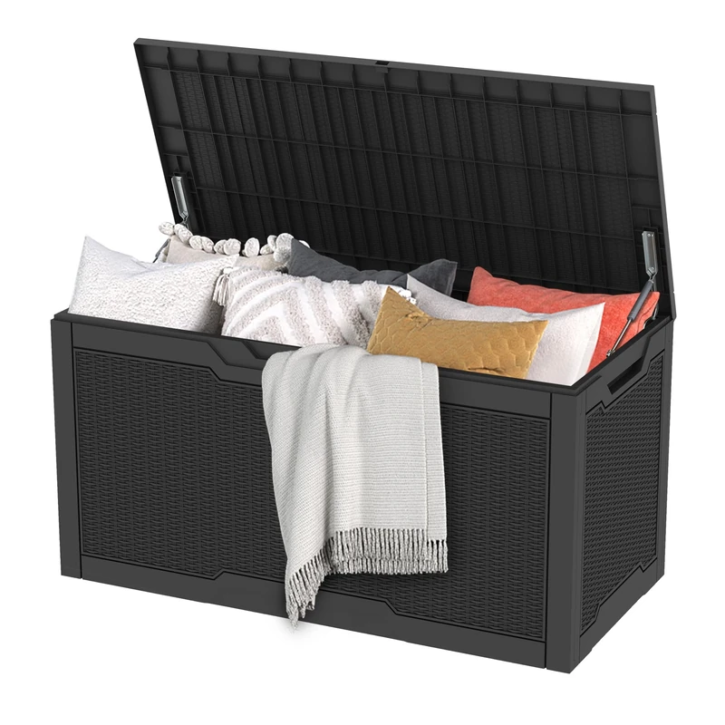 DWVO Garden Outdoor Storage Box|380L 115.4x55x58.3cm|Rattan Effect|Patio Resin Deck Box for Pillows, Pool Accessories,Shoe|Waterproof||Securely Lockable|Side Carry Handles|All Weather Resistant(Black)