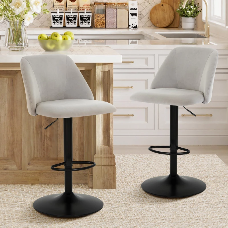 COLAMY Breakfast Bar Stools Set of 2, Modern Swivel Kitchen Stool, Adjustable Upholstered Barstools Counter Height with Square Open Back for Bar Kitchen Island, Dining Room, Grey