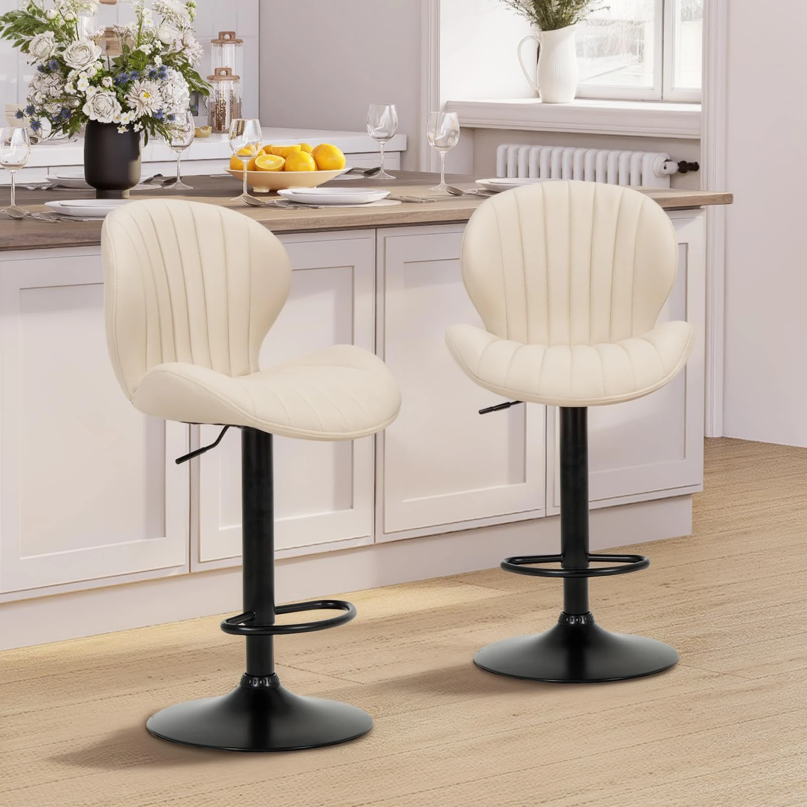 COLAMY Breakfast Bar Stools Set of 2, Modern Swivel Kitchen Bar Chairs, Adjustable PU Leather Upholstered Barstools Counter Height with High Backrest for Kitchen Island, Dining Room, Beige