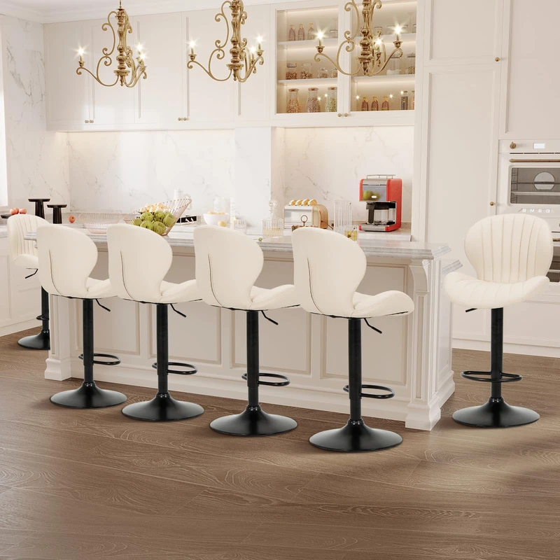 COLAMY Breakfast Bar Stools Set of 6, Modern Swivel Kitchen Bar Chairs, Adjustable PU Leather Upholstered Barstools Counter Height with High Backrest for Kitchen Island, Dining Room, Beige