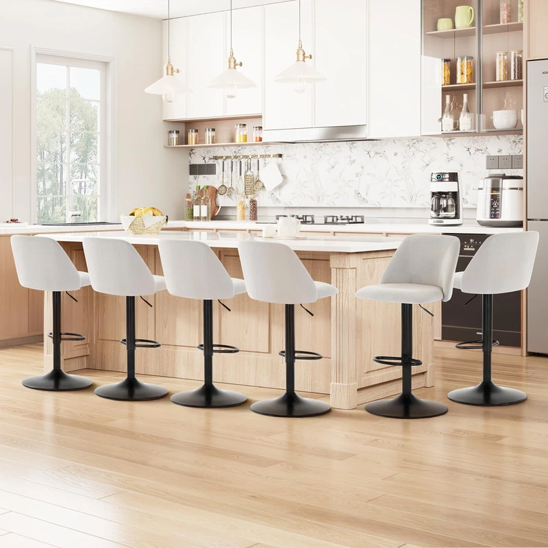 COLAMY Breakfast Bar Stools Set of 6, Modern Swivel Kitchen Stool, Adjustable Upholstered Barstools Counter Height with Square Open Back for Bar Kitchen Island, Dining Room, Grey