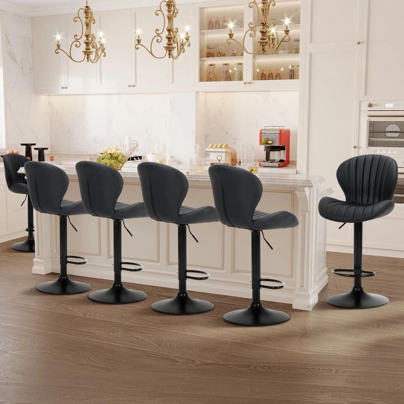 COLAMY Breakfast Bar Stools Set of 6, Modern Swivel Kitchen Bar Chairs, Adjustable PU Leather Upholstered Barstools Counter Height with High Backrest for Kitchen Island, Dining Room, Black