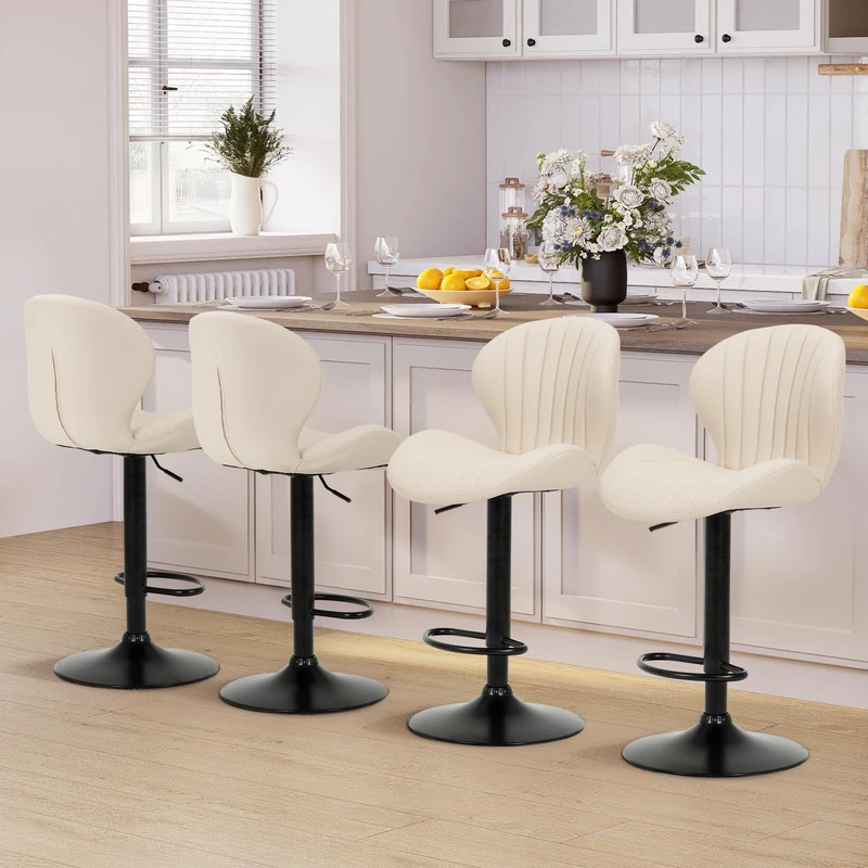 COLAMY Breakfast Bar Stools Set of 4, Modern Swivel Kitchen Bar Chairs, Adjustable PU Leather Upholstered Barstools Counter Height with High Backrest for Kitchen Island, Dining Room, Beige