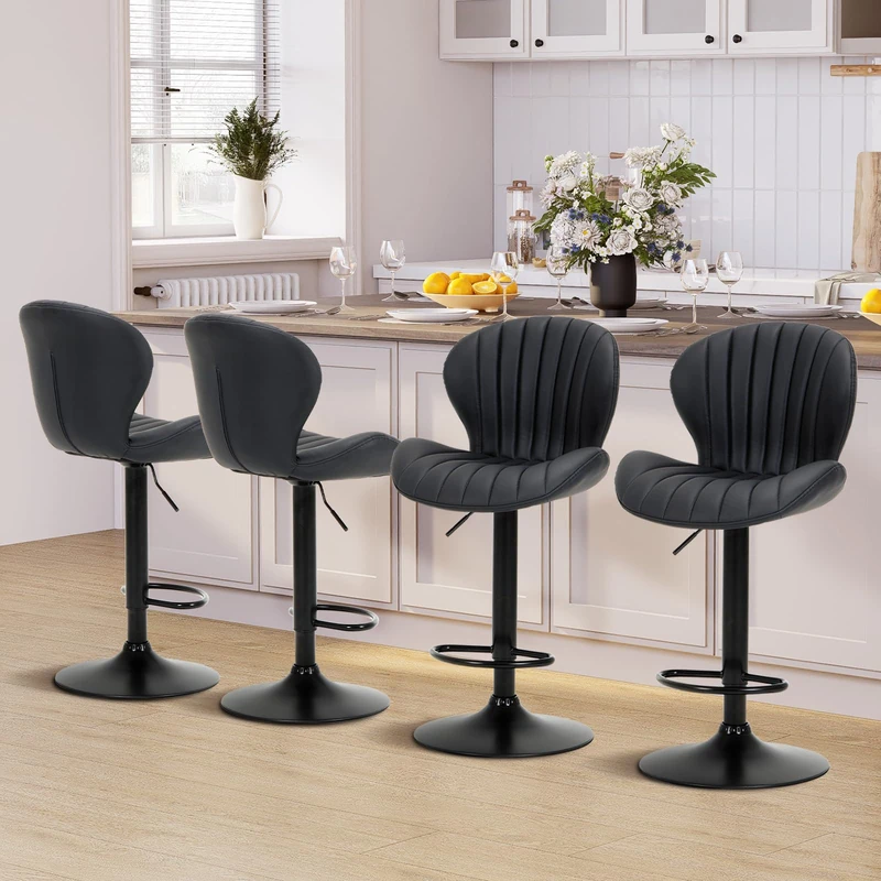 COLAMY Breakfast Bar Stools Set of 4, Modern Swivel Kitchen Bar Chairs, Adjustable PU Leather Upholstered Barstools Counter Height with High Backrest for Kitchen Island, Dining Room, Black