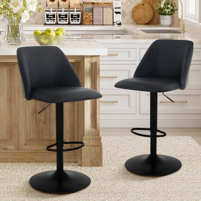 COLAMY Breakfast Bar Stools Set of 2, Modern Swivel Kitchen Stool, Adjustable Upholstered Barstools Counter Height with Square Open Back for Bar Kitchen Island, Dining Room, Black