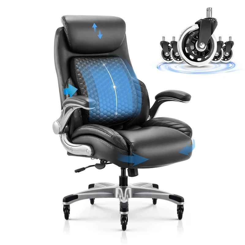 COLAMY Ergonomic Office Chair High Back Leather Desk Chair with Flip-Up Armrests,Adjustable Height,Silent Wheels, Padded Cushion & Lumbar Support Comfortable Gaming Chair for Home Office Study, Black