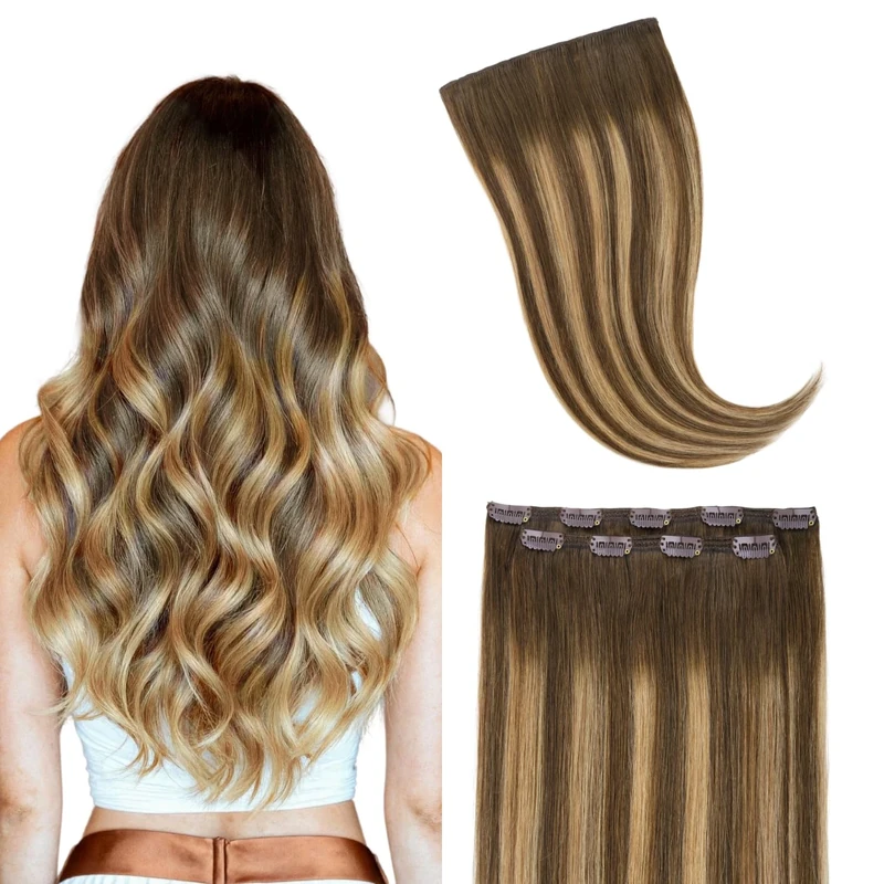 GOO GOO Clip in Human Hair Extensions, 16inch 70g 2pcs, Hair Extensions Clip in, 4/27/4 Chocolate Brown to Caramel Blonde