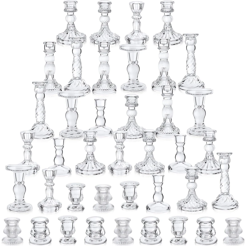 Mumufy 40 Pcs Glass Crystal Taper Candle Holders Clear Glass Candlestick Holder Fit 0.8 Inch Candles Crystal Decorative Candle Stand Centerpiece Table Wedding Dining Party (Classic,Clear)