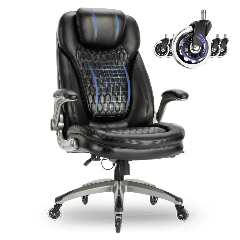 COLAMY High Back Office Chair-Executive Computer Office Chair with Flip-up Arms Adjustable Height SwivelChair, Thick Padded Leather for Comfort and Ergonomic Design for Lumbar Support (137kg, Black)