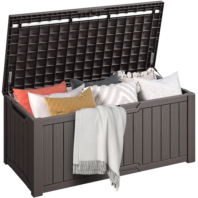 DWVO Outdoor Garden Storage Box|450L 142.1x67.6x60cm|Waterproof||Securely Lockable|Side Carry Handles|All Weather Resistant|Patio Resin Deck Box for Pillows, Equipment,Shoe(Dark Brown)
