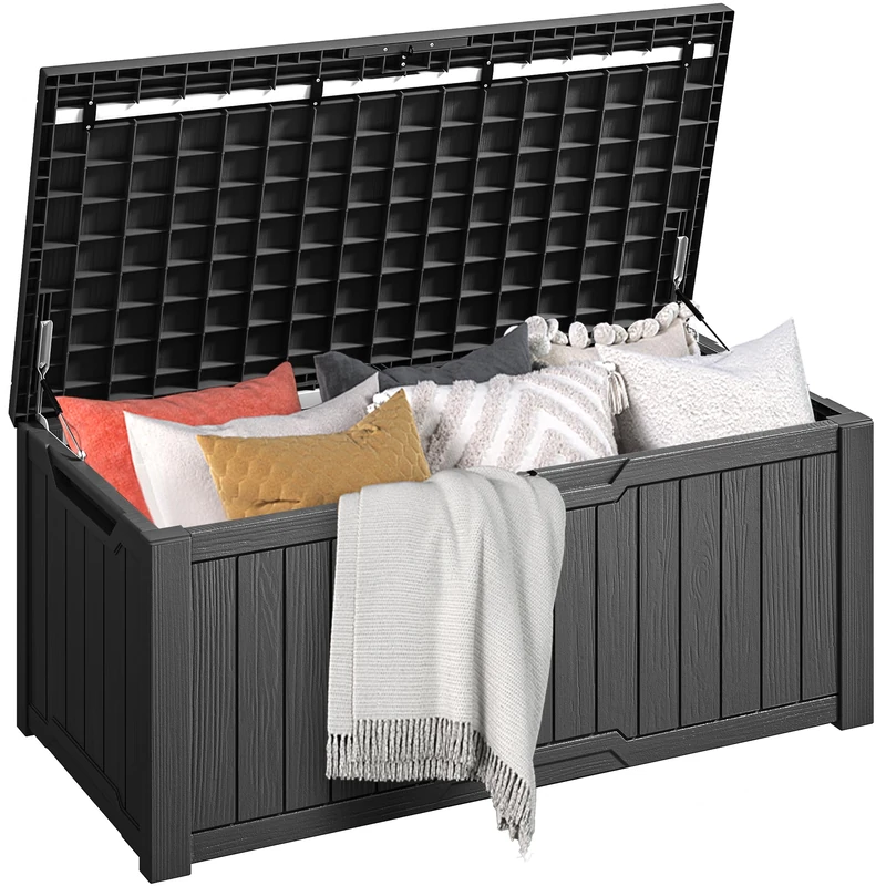 DWVO Outdoor Garden Storage Box|450L 142.1x67.6x60cm|Waterproof||Securely Lockable|Side Carry Handles|All Weather Resistant|Patio Resin Deck Box for Pillows, Equipment,Shoe(Black)
