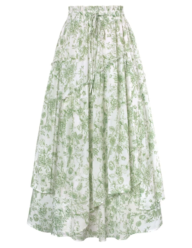 Scarlet Darkness Women Floral Print Boho Skirt Elastic High Waist Long Maxi Skirts with Pockets, Green Floral, XXL - Image 1