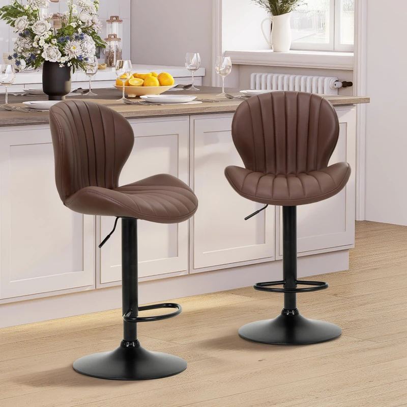 COLAMY Breakfast Bar Stools Set of 2, Modern Swivel Kitchen Bar Chairs, Adjustable PU Leather Upholstered Barstools Counter Height with High Backrest for Kitchen Island, Dining Room, Brown
