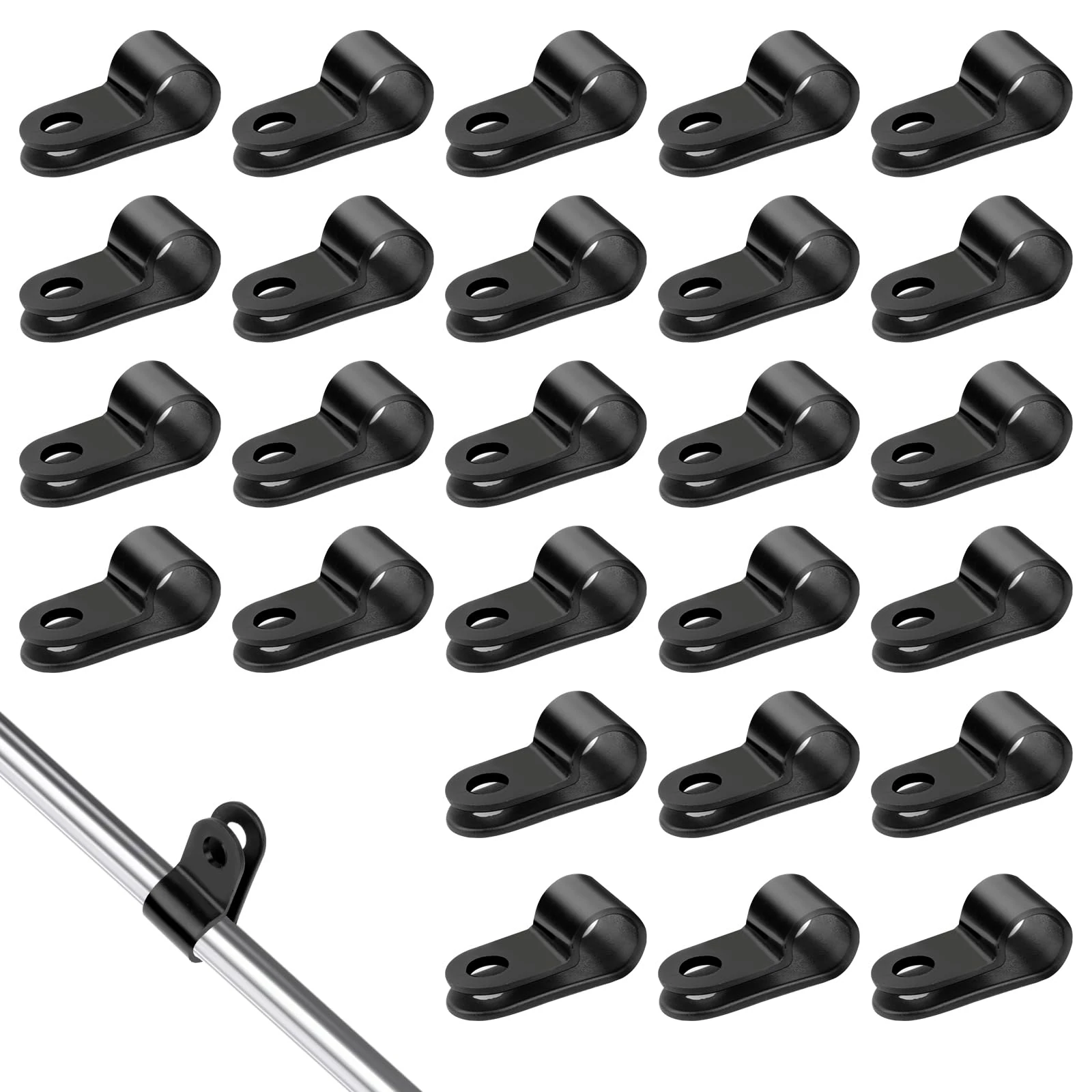 100 pcs R Type Cable Clips, 1/4" Nylon P Clips, Black Cable Cleats, Wire Clamp for Electrical Wire Conduit Cables Management