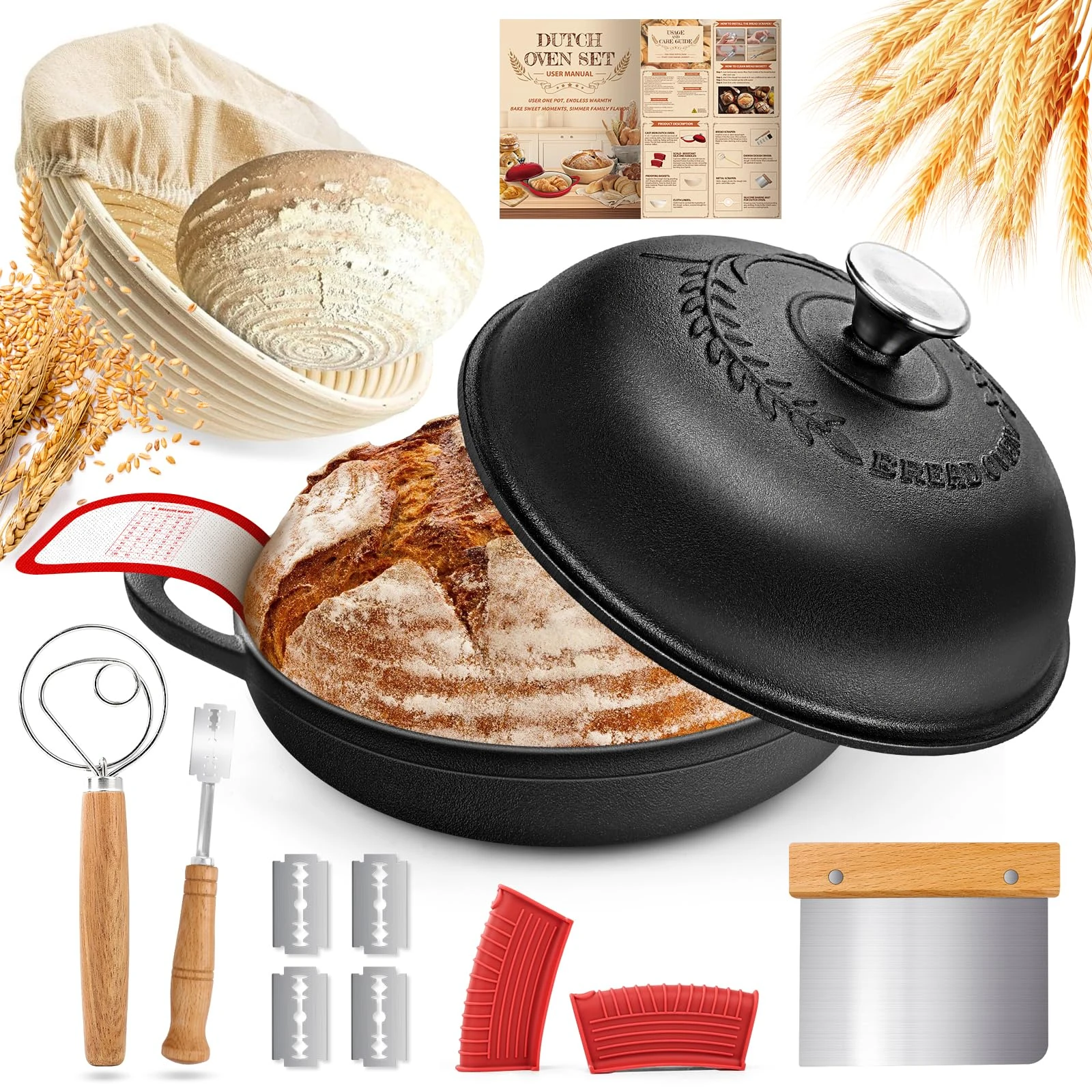 NZQXJXZ Cast Iron Dutch Oven, Cast Iron Pot with Lid Combo Set, Non-stick Dutch Oven for Bread Baking, Braising, Stews, Roasting, 5 Quarts