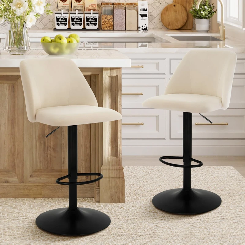 COLAMY Breakfast Bar Stools Set of 2, Modern Swivel Kitchen Stool, Adjustable Upholstered Barstools Counter Height with Square Open Back for Bar Kitchen Island, Dining Room, Beige