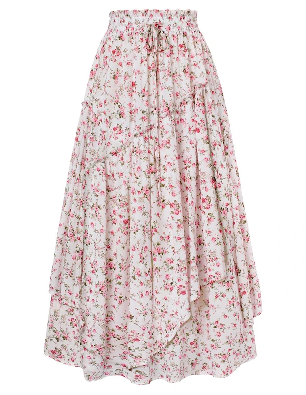 Scarlet Darkness Women Floral Print Boho Skirt Elastic High Waist Long Maxi Skirts with Pockets, Pink Floral, M