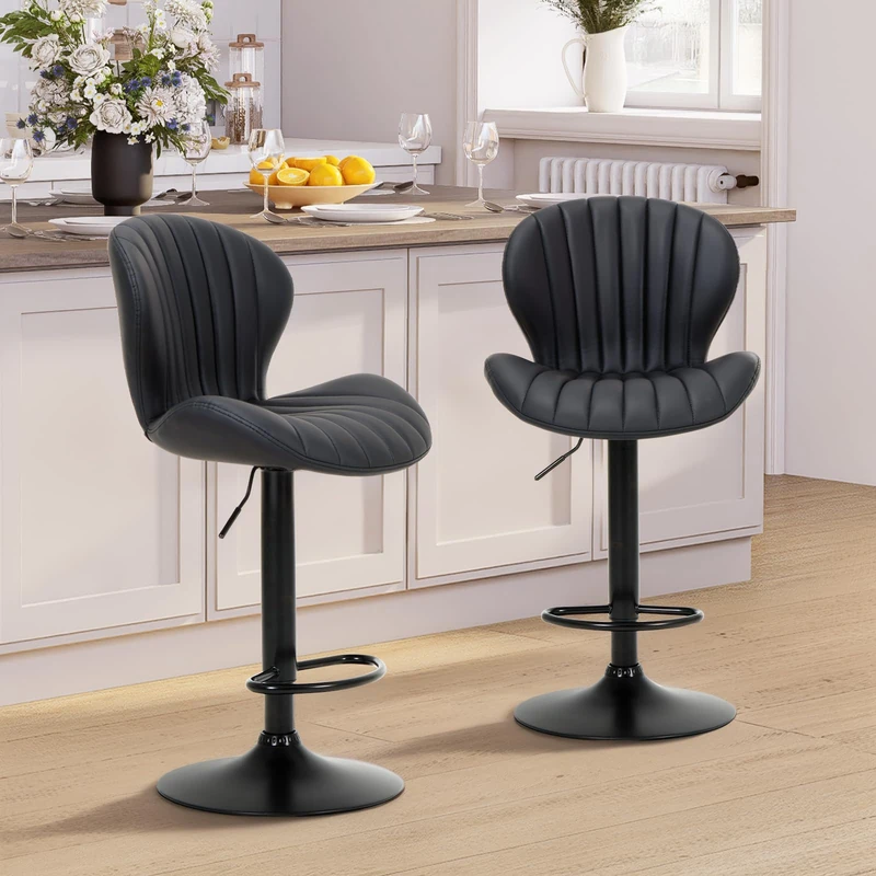 COLAMY Breakfast Bar Stools Set of 2, Modern Swivel Kitchen Bar Chairs, Adjustable PU Leather Upholstered Barstools Counter Height with High Backrest for Kitchen Island, Dining Room, Black