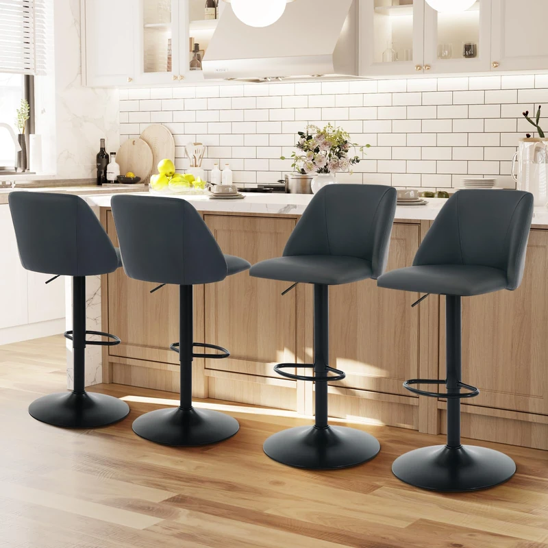 COLAMY Breakfast Bar Stools Set of 4, Modern Swivel Kitchen Stool, Adjustable Upholstered Barstools Counter Height with Square Open Back for Bar Kitchen Island, Dining Room, Black