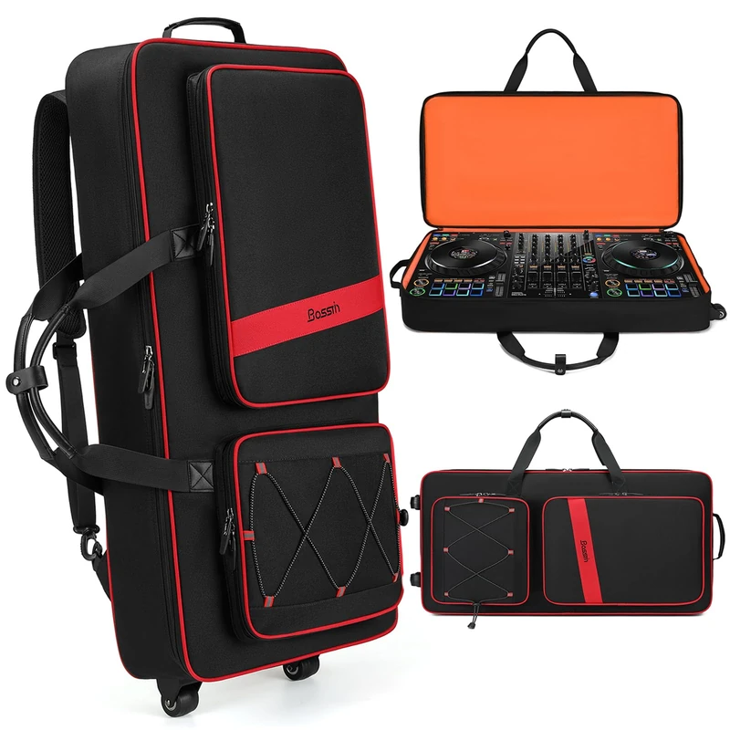BOSSTIN DJ Controller Case with Wheels Compatible with DDJ FLX10 /1000 /FLX6 /REV7 /REV5, Rolling DJ Case for Equipment, Padded Large DJ Backpack with Multi-Pocket for 15.6" Laptop, Gear & Accessories