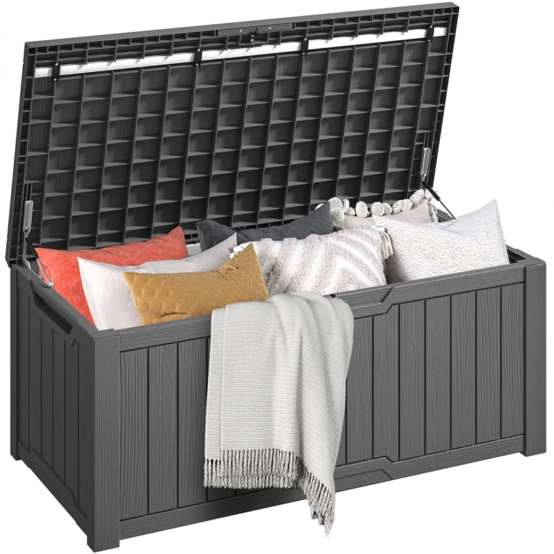 DWVO Outdoor Garden Storage Box|450L 142.1x67.6x60cm|Waterproof||Securely Lockable|Side Carry Handles|All Weather Resistant|Patio Resin Deck Box for Pillows, Equipment,Shoe(Dark Gray)