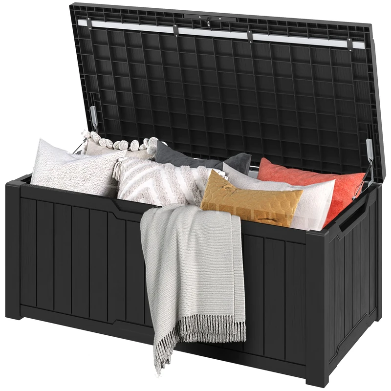 DWVO Garden Outdoor Storage Box with Cushion|450L 142.1x67.7x60cm|Versatile Bench or Table|Resin Deck Box for Patio Pillows, Tools,Pool Accessories|Waterproof||Lockable|(Black)