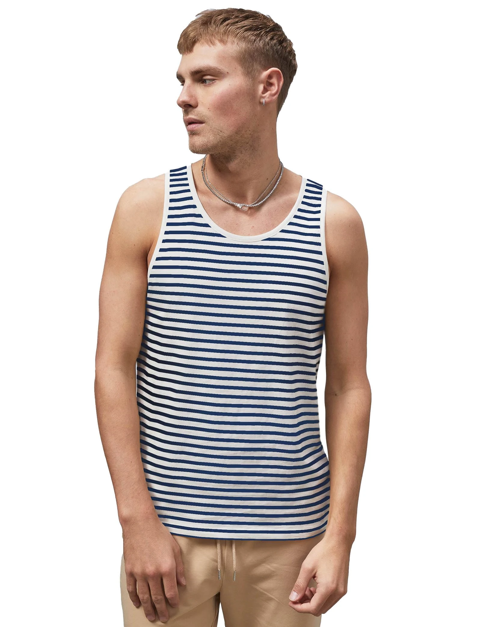 Enorsia Mens Striped Tank Top Casual Sleeveless Summer Vest with Lightweight Breathable Fabric Round Neck for Beach Workout and Daily Wear (L, Navy)