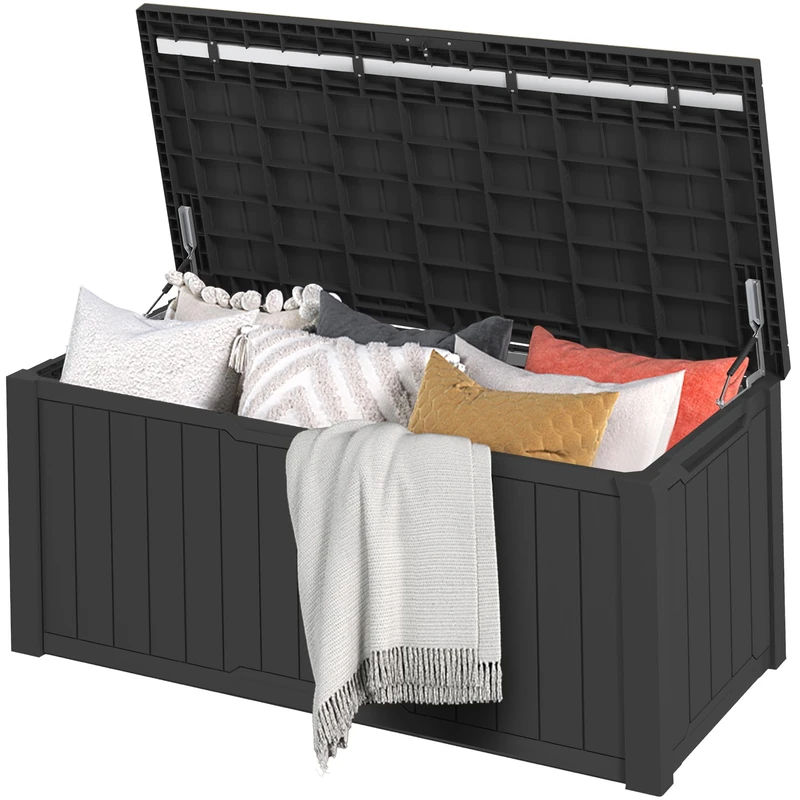 DWVO Outdoor Garden Storage Box|870L 143x80.5x79cm|Waterproof||Securely Lockable|Side Carry Handles|All Weather Resistant|Patio Resin Deck Box for Pillows, Equipment,Pool Accessories(Black)