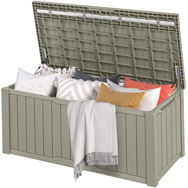 DWVO Outdoor Garden Storage Box|870L 143x80.5x79cm|Waterproof||Securely Lockable|Side Carry Handles|All Weather Resistant|Patio Resin Deck Box for Pillows, Equipment,Pool Accessories(Light Brown)