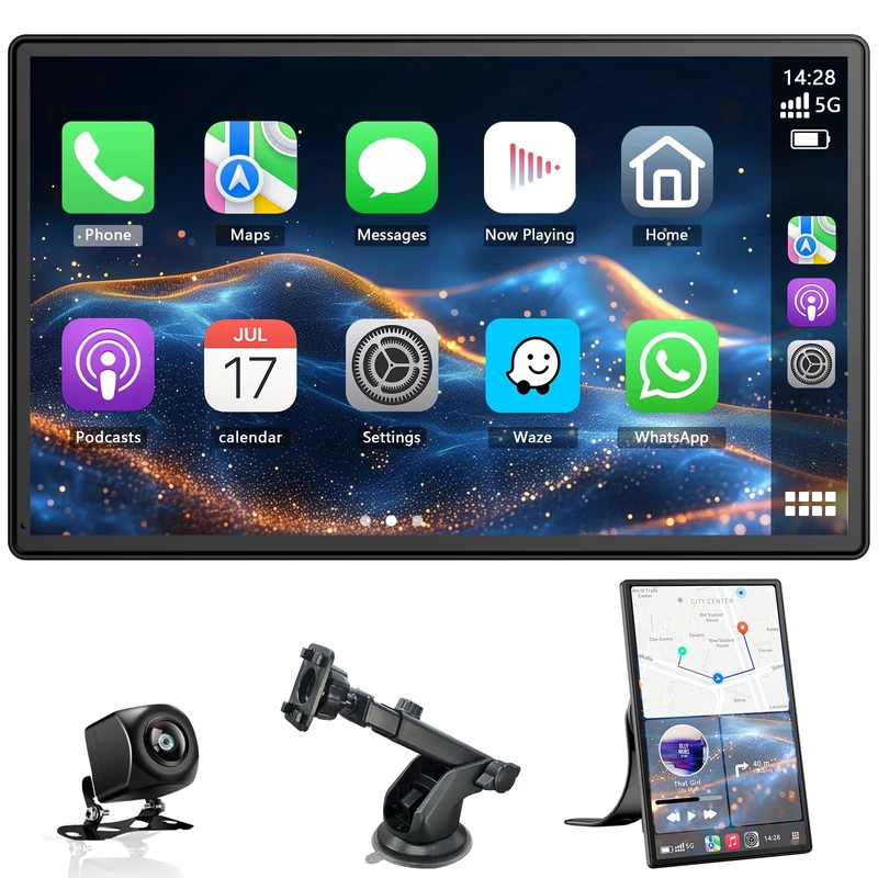 9'' Carplay Screen for Car, Wireless Carplay & Android Auto, Rotatable Car Play Screen with 1080P Backup Camera, Android Auto Screen with Mirror Link, Bluetooth, GPS Navigation, Voice Assistant