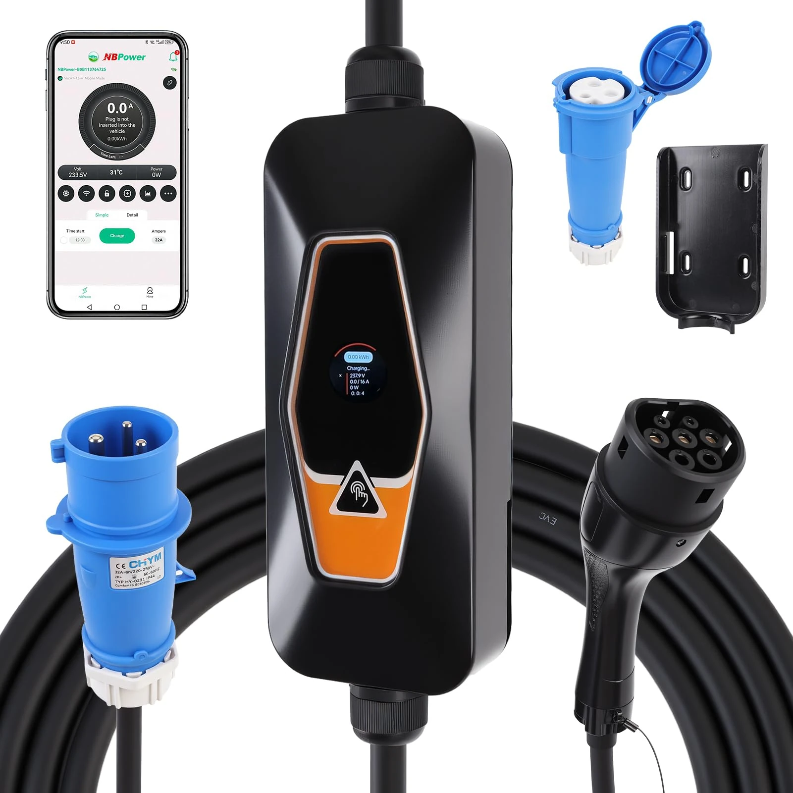 WODHMIEY Type 2 EV 7kW, 6A/8A/10A/13A/16A/24A/32A Variable, 5M Single Phase Portable EV Cable, App Control via Bluetooth & Wi-Fi with CEE 3 Pin Plug, LED Display, Carry Bag, IP54 Rated