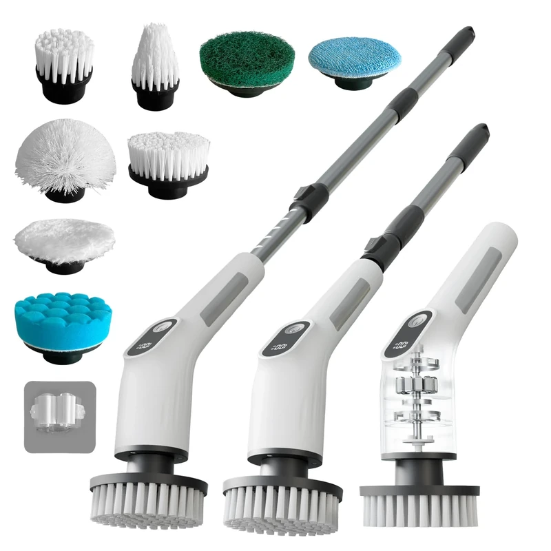 Electric Spin Scrubber with 4000mAh Battery, 380-500 RPM, 8 Replaceable Brush Heads, Adjustable Handle for Bathroom, Kitchen & Floor Cleaning (White-04) - Image 1