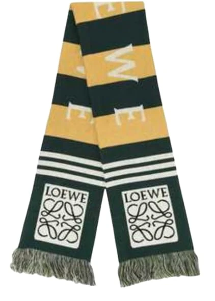 LOEWE Pre-loved Men's Green and Yellow Logo Fringed Wool Scarf