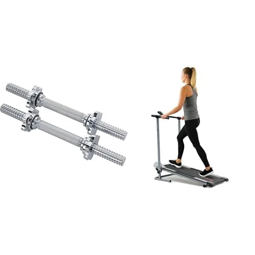 Sunny Health & Fitness Foldable Manual Treadmill, Compact Cardio Fitness + 35.5 cm (14") Threaded Chrome Dumbbell Bar