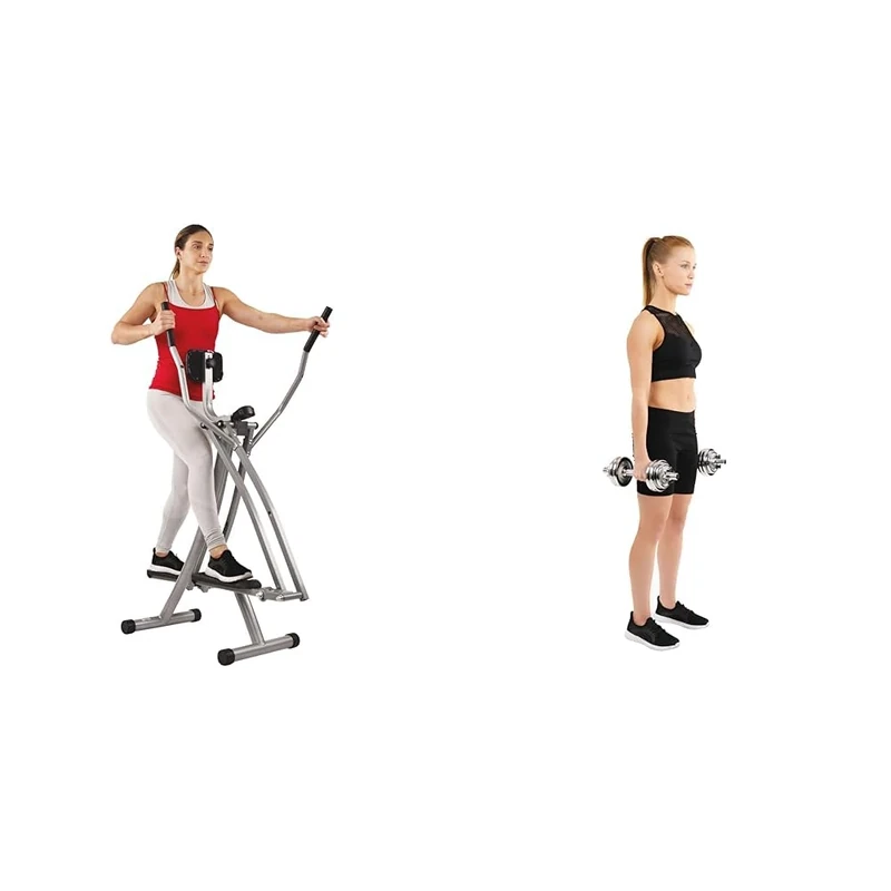 Sunny Health & Fitness Elliptical Cross Trainer w/LCD Monitor, Air Walker Exercise Machines +Adjustable 15 KG Dumbbell Set w/Carry Case, Space Saver, Secure Quick-Lock, Anti-Slip Steel Handle