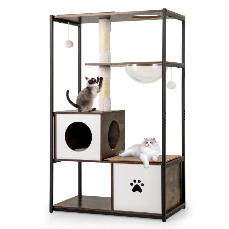 GYMAX Cat Tree, Wooden Cat Tower with 2 Condos, Sisal Scratching Posts, Space Capsule, Dangling Balls, Metal Frame Multi-Level Kitty Climbing Tower for Indoor Cats