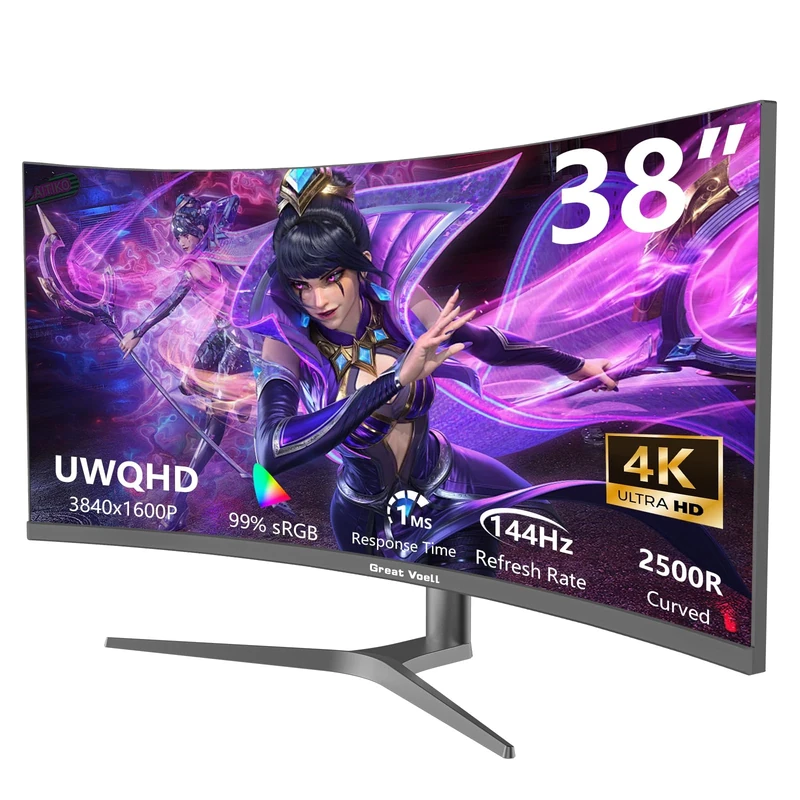 Great voell gaming monitor 38 inch 144HZ Curved Gaming Monitor, UWQHD 3840x1600, 2500R, 1ms, 99% sRGB, FreeSync, HDR, Anti-Blue Light, VESA Mountable, HDMI, DP, Multifunctional Stand
