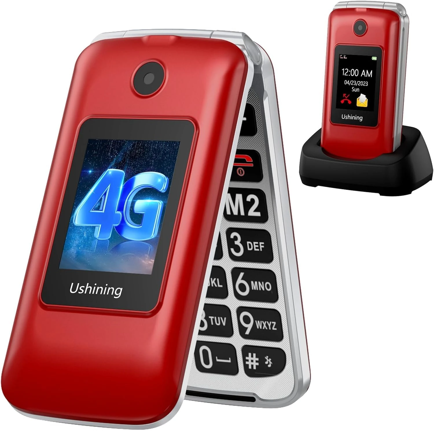CHAKEYAKE 4G Flip Phone For Elderly Big Button Senior Mobile Phones With Dual 2.8"+1.77" Color Large Fonts, SOS Button,1200 mAh Battery SIM Free Unlocked Pay As You Go Mobile Phone (Red)