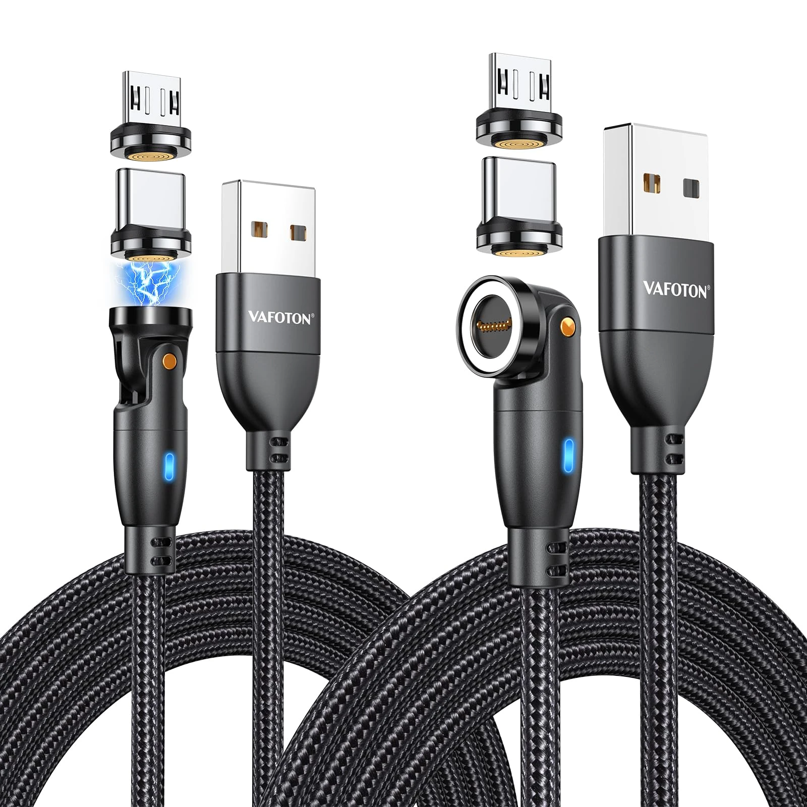 VAFOTON 9Pin Magnetic Charging Cable, 18W Magnetic Phone Charger Cable 2PCS (2M+1M), 540° Rotation & Data Transfer for Type C, Micro USB